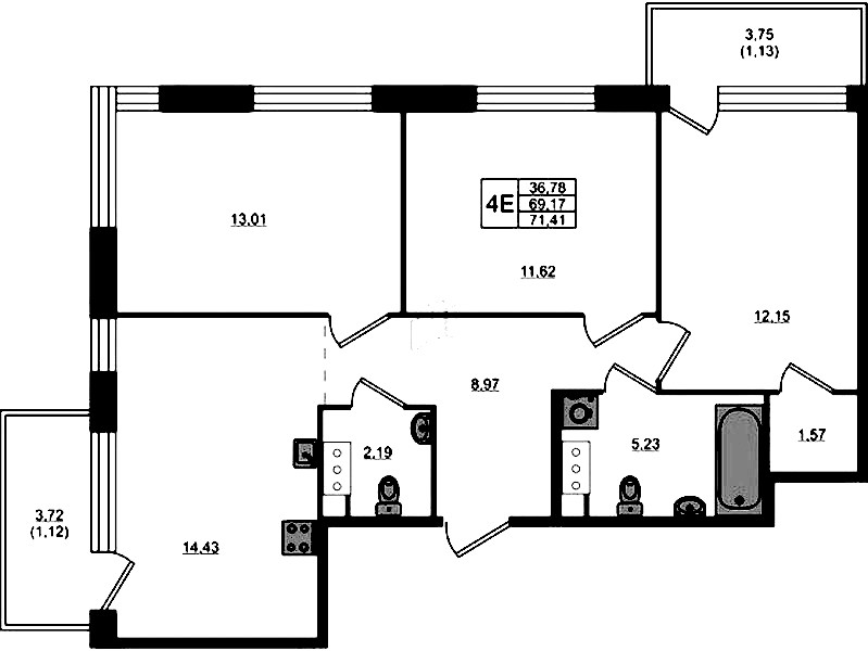 3-комнатная квартира 69.17 м², 3/5 эт., ЖК «Plus Пулковский»